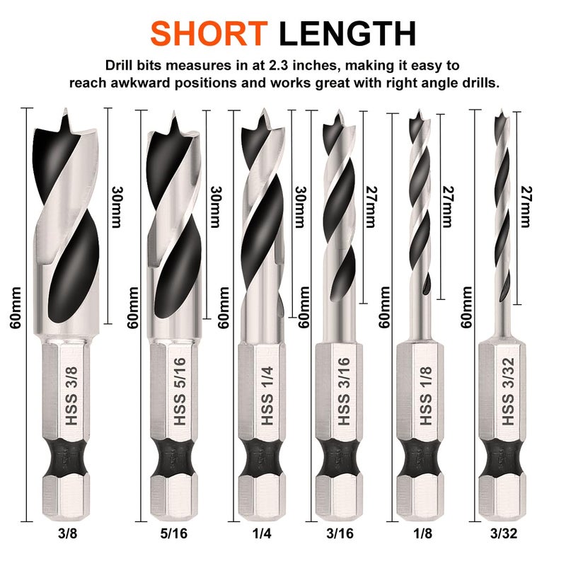 COMOWARE Brad Point Stubby Drill Bit Set for Wood, Short Length Drill Bit Set 6pcs HSS 4241 Steel with 1/4-Inch Quick Change Hex Shank - Image 2